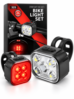 Komplet Polnilnih LED Kolesarskih Luči 325 – Sprednja in Zadnja Luč