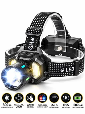 Naglavna LED Svetilka 800 lm z Zoomom in Senzorjem Gibanja